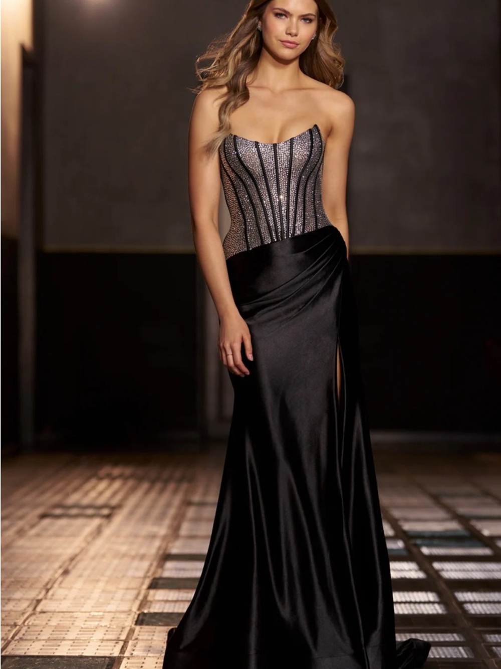 Sherri Hill Black Strapless Satin Gown with Embellished Corset